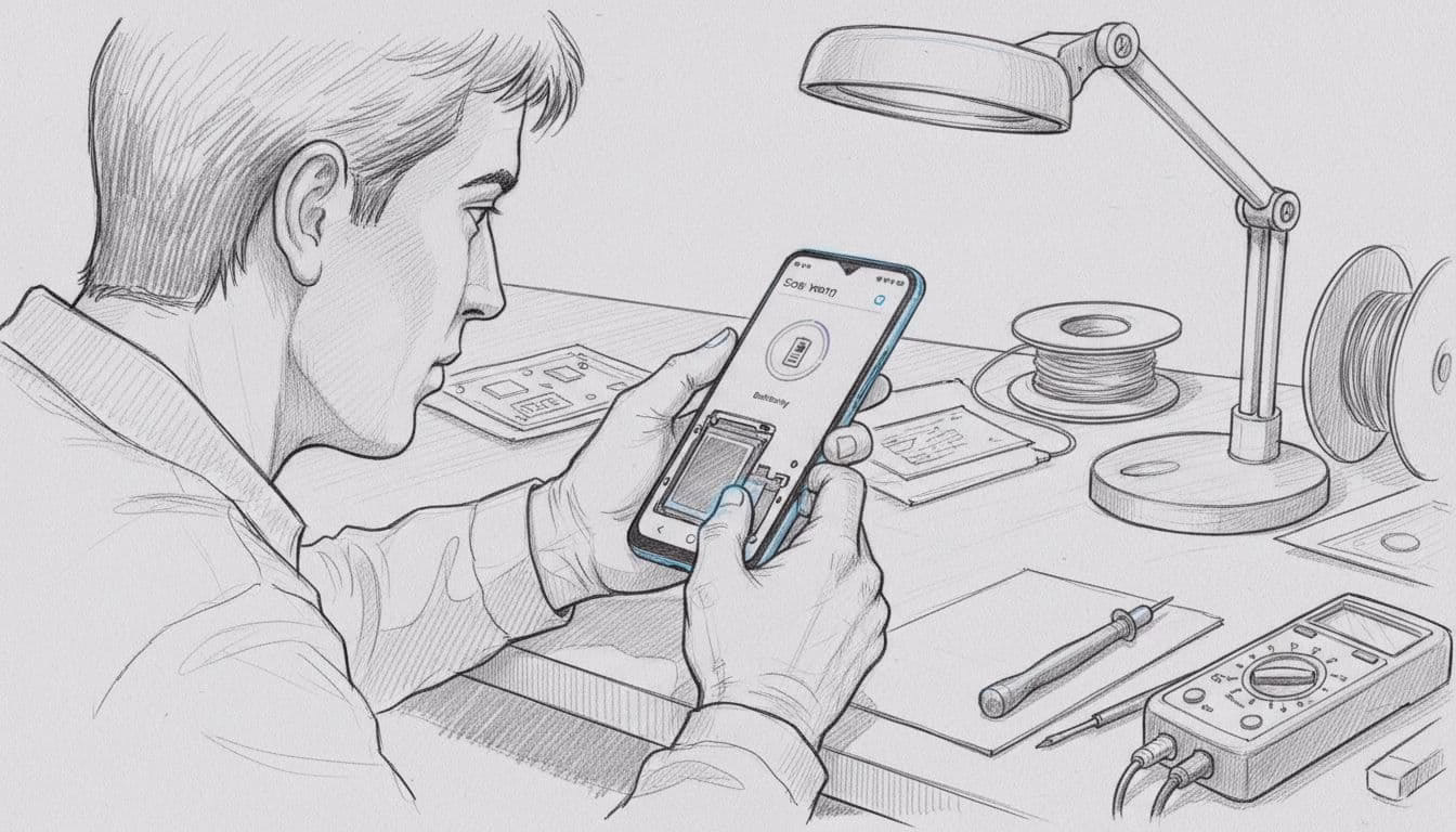 Refurbished Galaxy S21 FE Buyer's Guide for the UK in 2026 1 Graphite sketch of technician checking phone screen and battery on workshop bench with tools nearby.