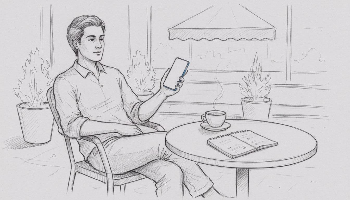 Refurbished Galaxy S21 FE Buyer's Guide for the UK in 2026 2 Graphite sketch of person casually holding Samsung Galaxy S21 FE at outdoor cafe table with coffee and notebook nearby.