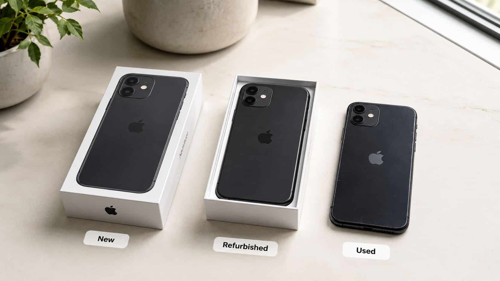 Understanding What Does Refurbished Mean Iphone: A 2026 1 A display comparing a new, refurbished, and used iPhone, illustrating the different stages of phone ownership.