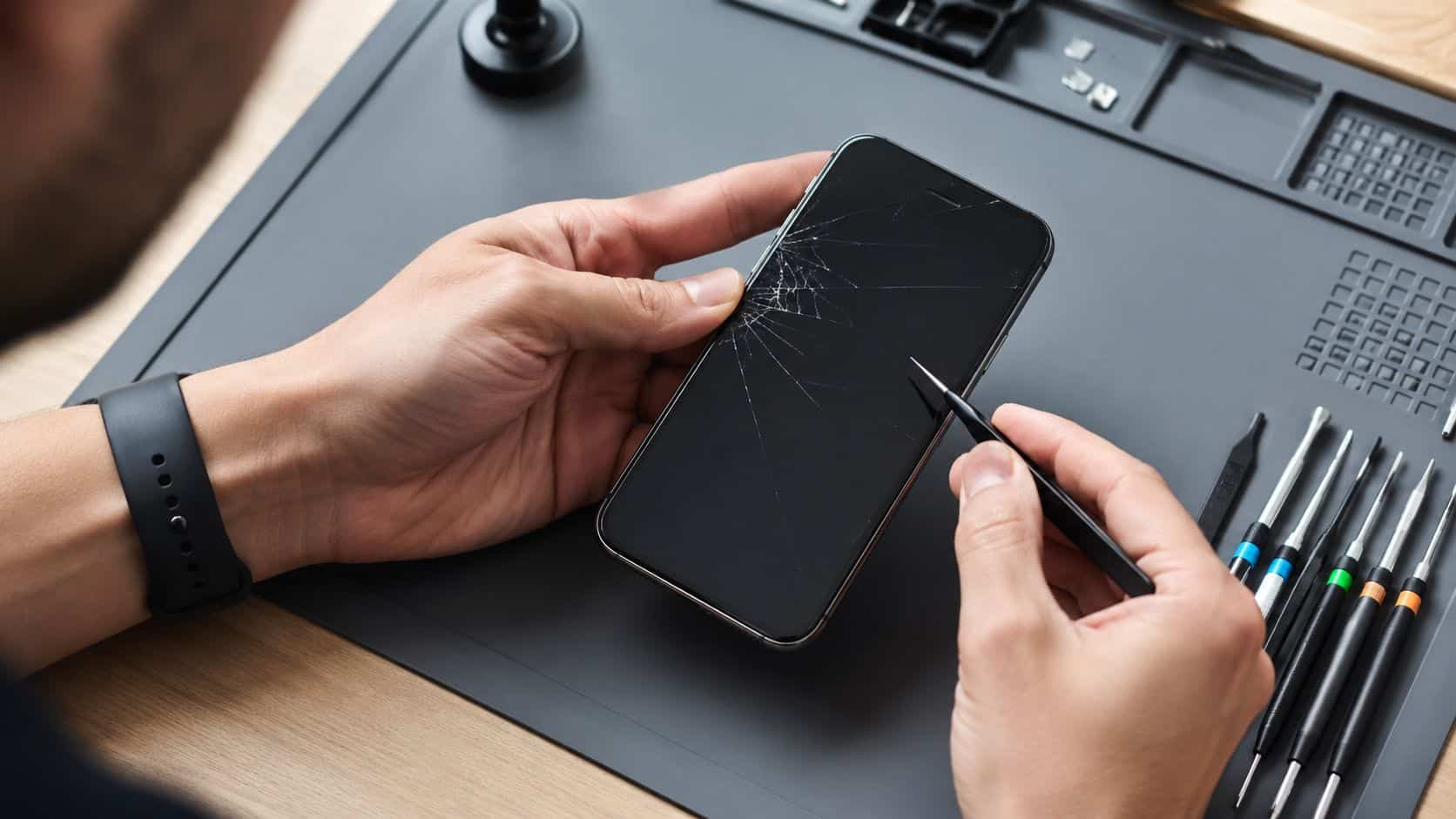 Phone Accidental Damage Cover: A UK Guide for 2026 3 A repair technician using fine tweezers to fix a cracked smartphone screen on a workbench.