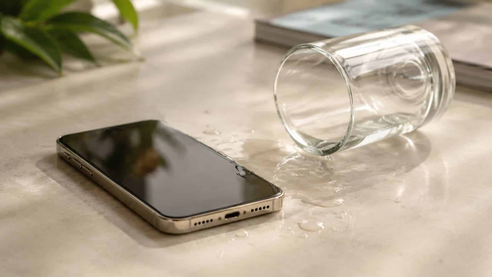 Phone Accidental Damage Cover: A UK Guide for 2026 1 A smartphone resting on a table next to a spilled glass of water, illustrating accidental damage.