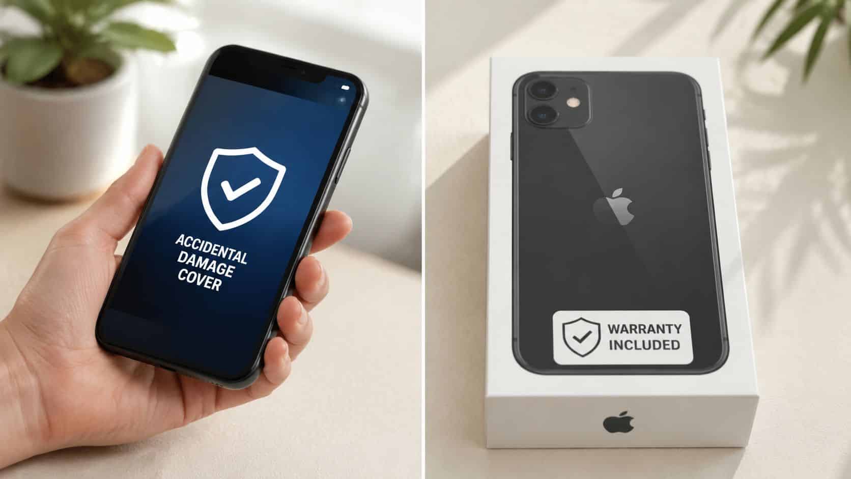 Phone Accidental Damage Cover: A UK Guide for 2026 2 A hand holding a smartphone showing accidental damage cover and a boxed iPhone with a warranty included label.