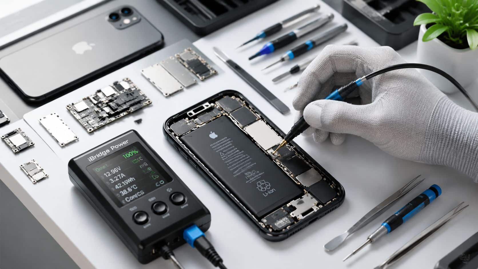 Are Refurbished iPhones Waterproof? What You Need to Know 2 A technician wearing a white glove repairs an open smartphone with a power testing device on a desk.