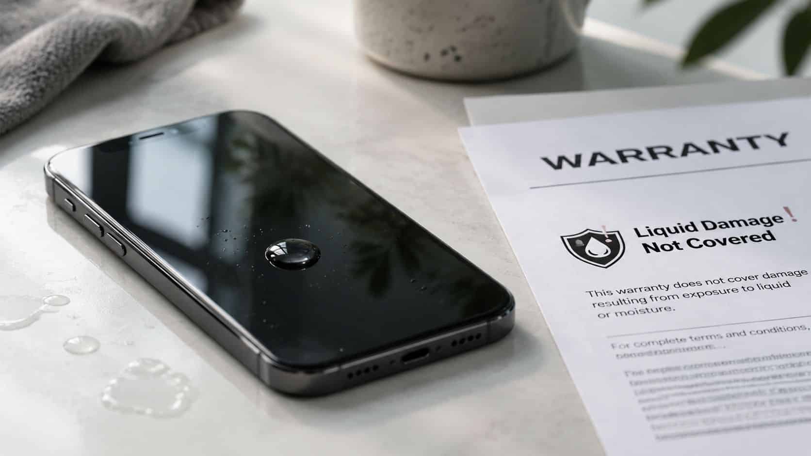Are Refurbished iPhones Waterproof? What You Need to Know 3 A smartphone resting on a marble surface near a document stating that liquid damage is not covered.