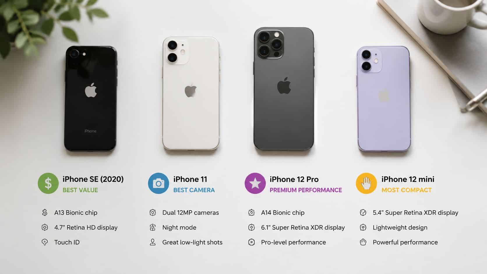 Best Cheap Refurbished iPhone UK 2026: Top Value Picks 1 A lineup of four different iPhone models displayed on a clean, light-colored desk with product feature descriptions below.