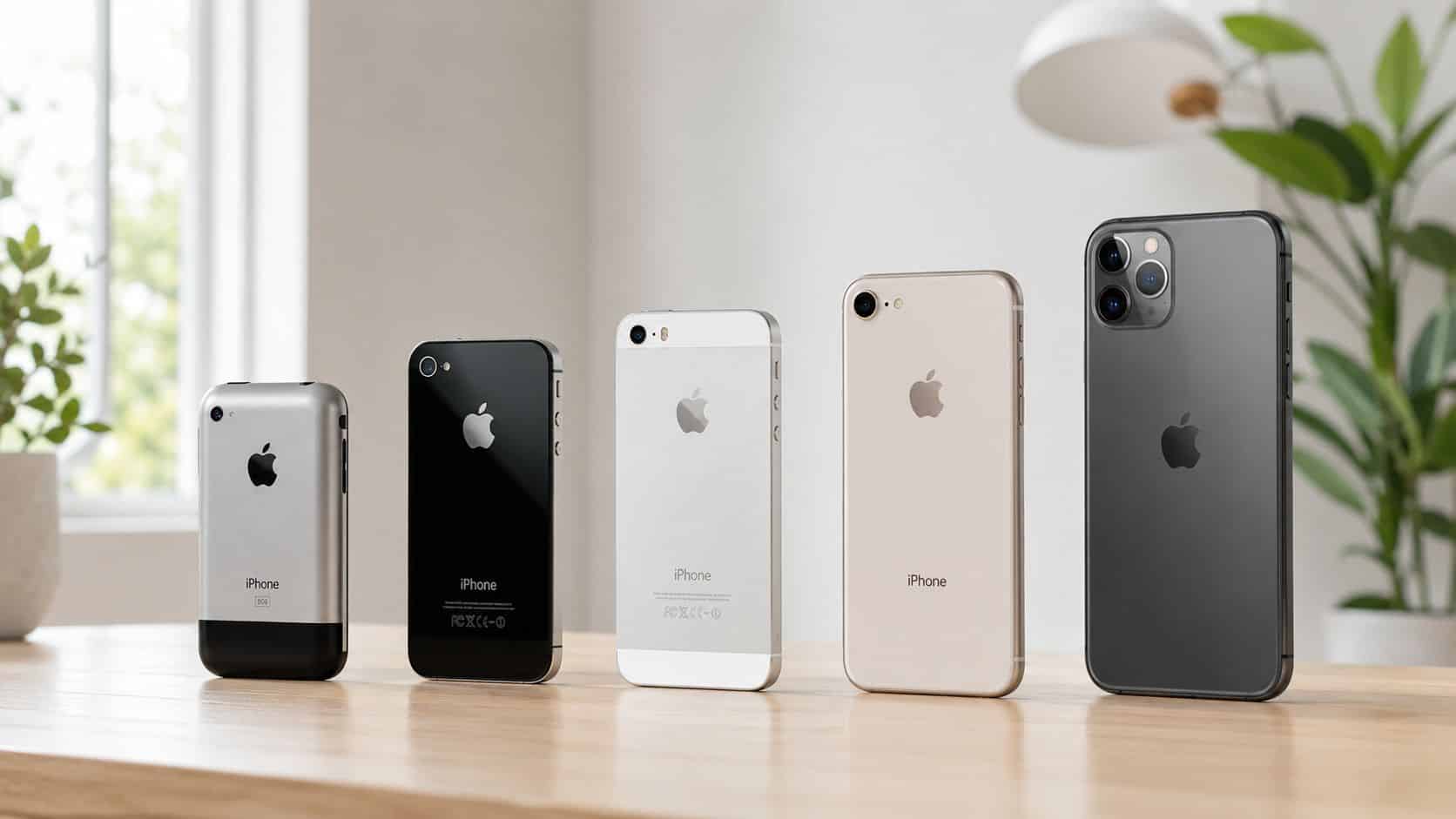 Best Cheap Refurbished iPhone UK 2026: Top Value Picks 3 A row of various vintage and modern Apple iPhones arranged by size on a wooden table.