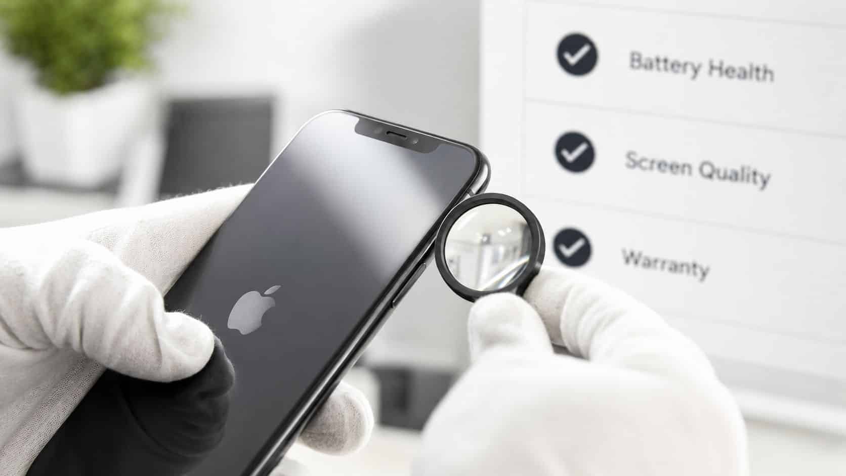 Best Cheap Refurbished iPhone UK 2026: Top Value Picks 2 A gloved hand inspecting a refurbished iPhone with a magnifying glass beside a quality checklist.