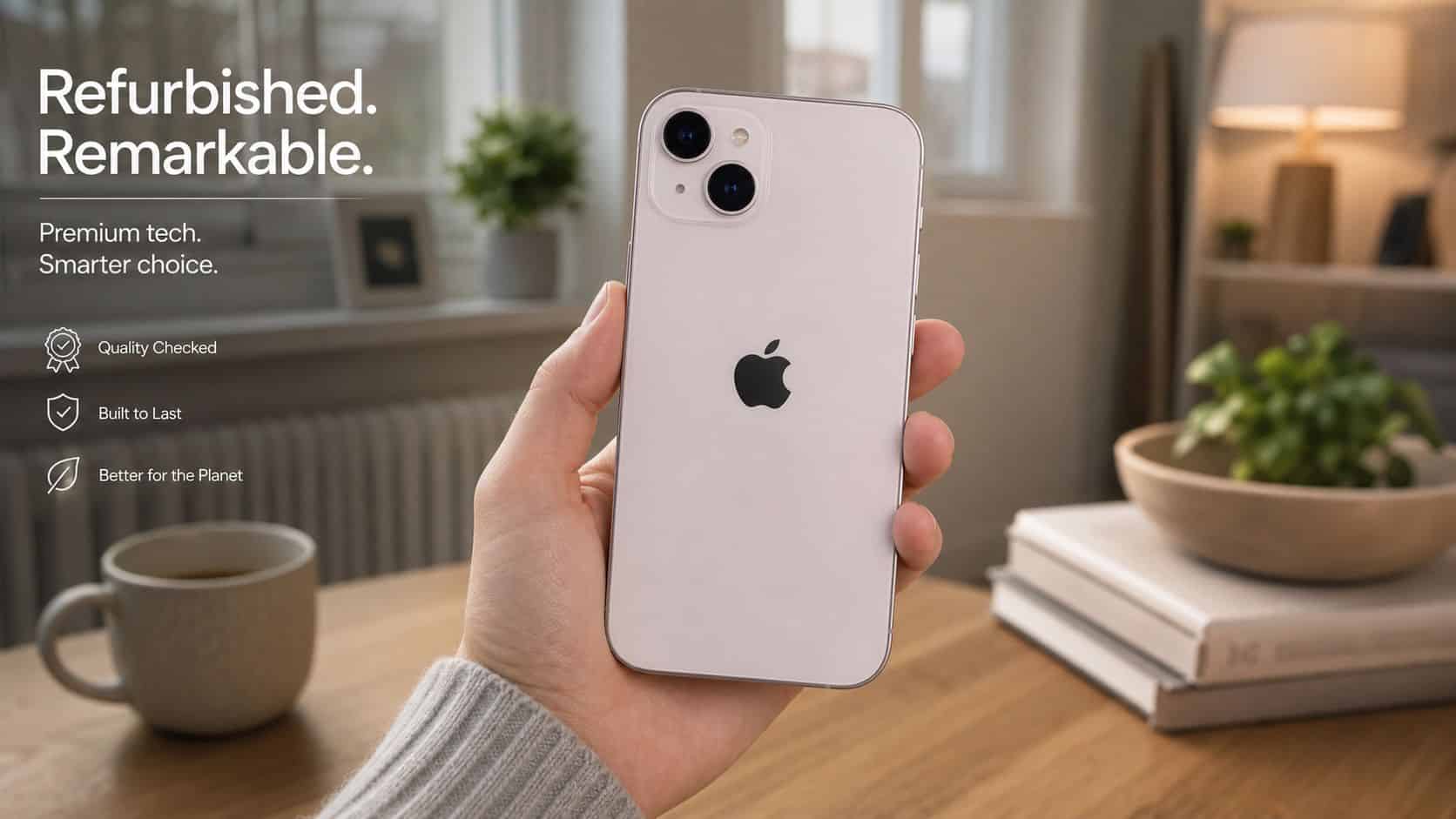 Best Cheap Refurbished iPhone UK 2026: Top Models Ranked 3 A person holding a light-colored refurbished iPhone in a bright, modern living room setting.
