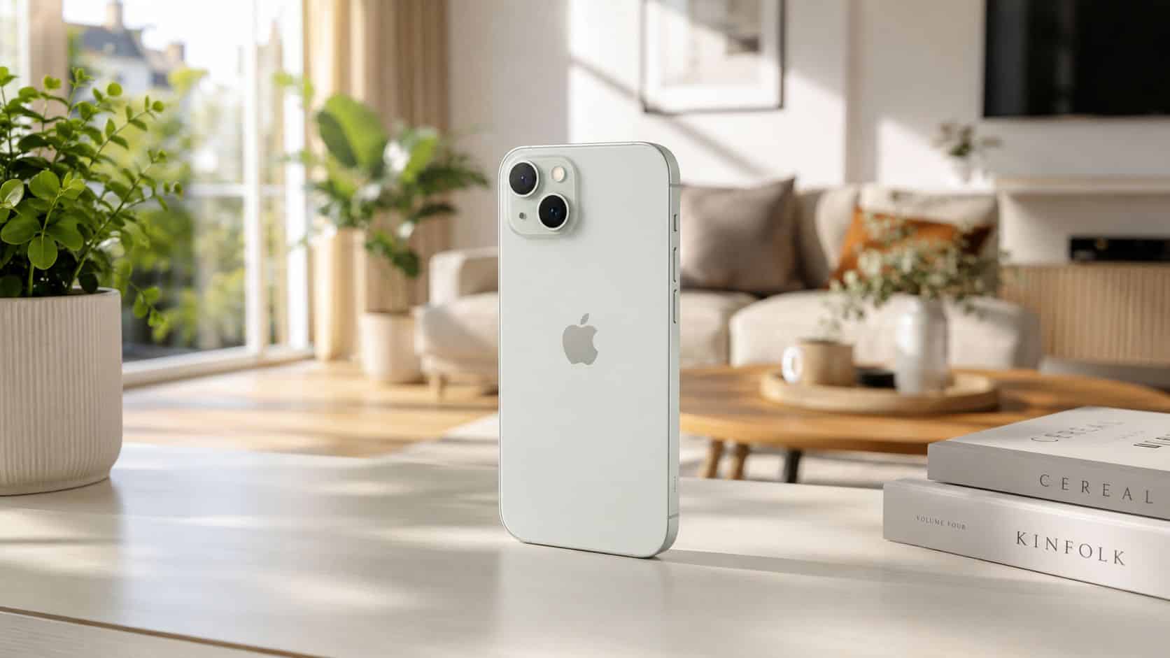 Best Cheap Refurbished iPhone UK 2026: Top Models Ranked 1 A modern light-colored smartphone standing upright on a desk in a bright, stylish living room setting.