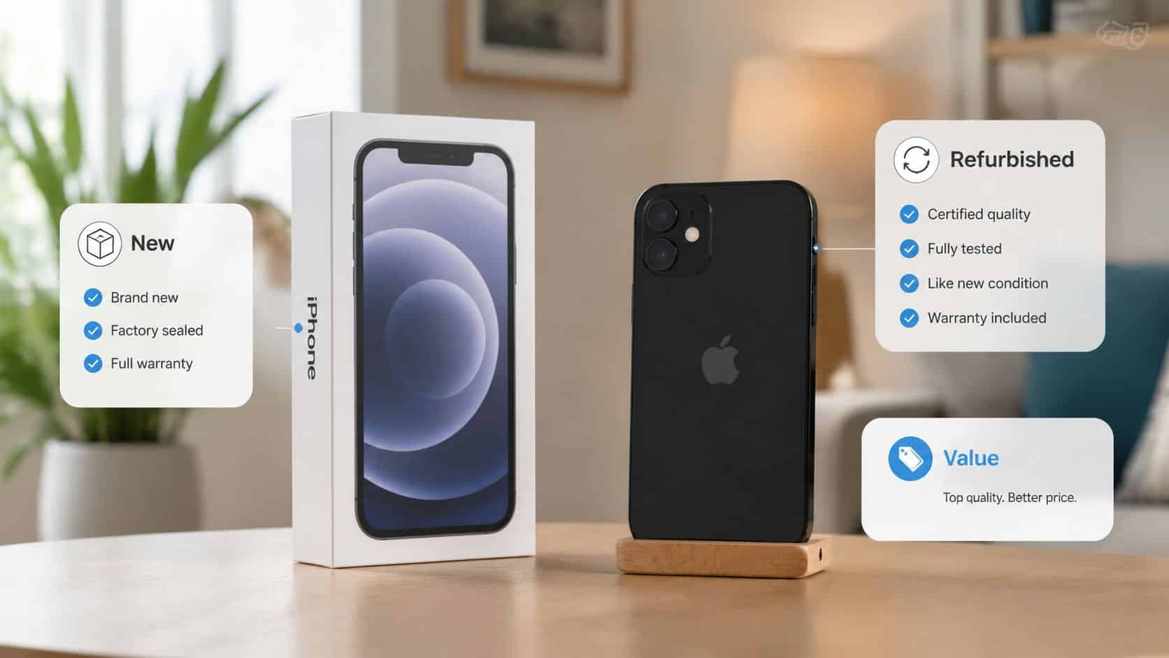 Buy iPhone Pay Monthly UK: 2026's Best Deals 2 A studio shot comparing a new boxed iPhone 12 with a refurbished iPhone model on a wooden stand.