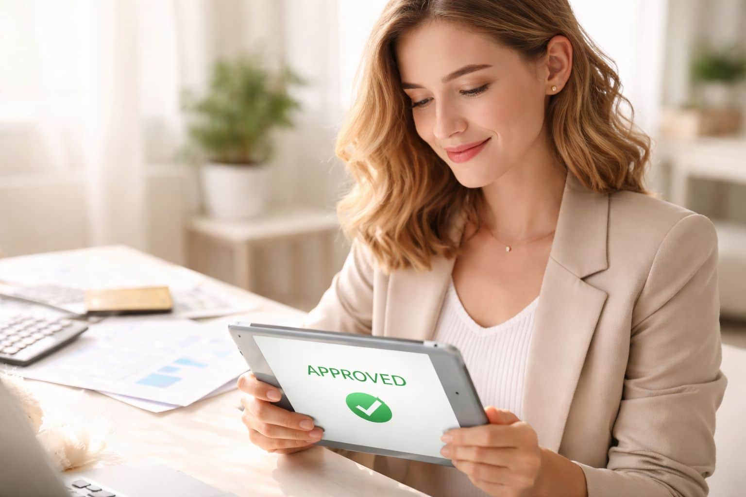 Can You Finance Refurbished Phones UK? Your 2026 Guide 3 A professional woman smiling while looking at a tablet showing an approved loan application status notification.