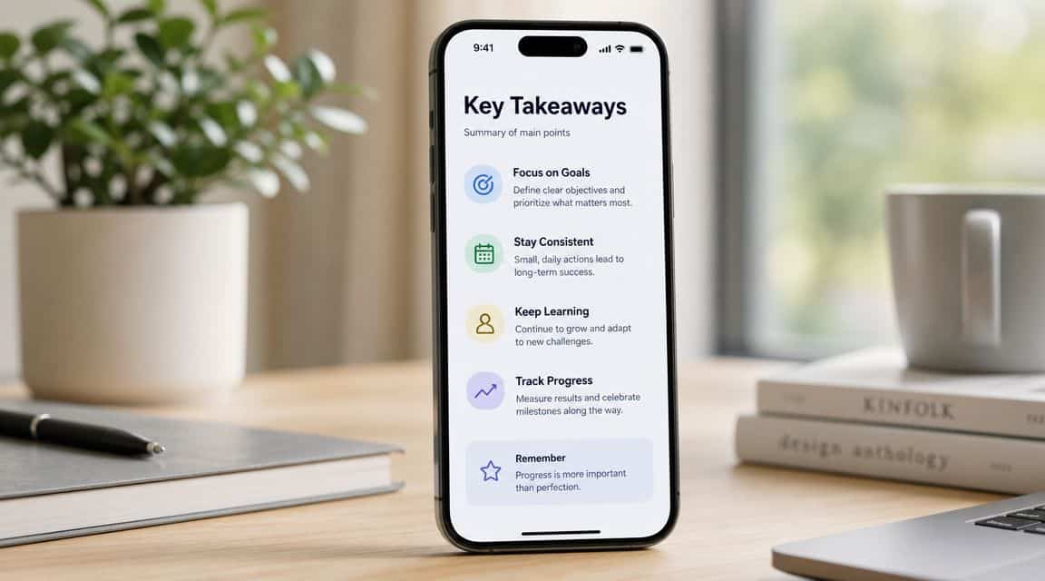Can You Finance Refurbished Phones UK? Your 2026 Guide 1 A smartphone displaying a Key Takeaways screen on a desk with a plant, pen, and books.