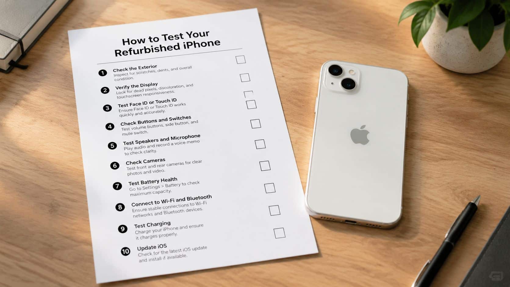 Common Issues with Refurbished iPhones: A UK Buyer's Guide 4 A checklist for testing a refurbished iPhone placed on a wooden desk next to the phone.