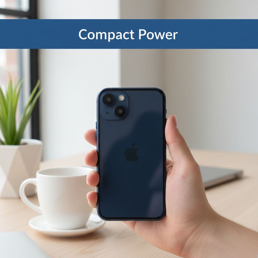 Refurbished iPhone 13 Mini in 2026: A UK Buyer's Guide 1 A single hand holds a sleek, compact smartphone above a clean, minimalist desk surface. The device features a blue header graphic, while soft natural light illuminates the uncluttered workspace setup.