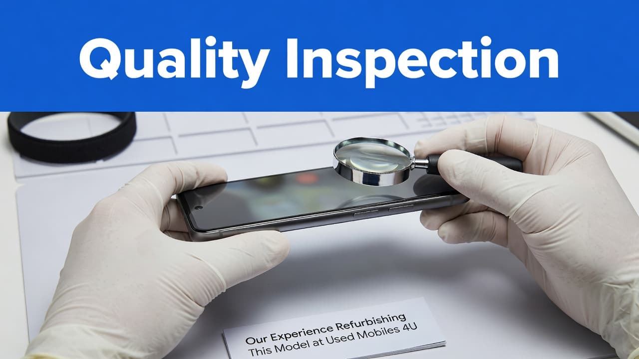 Refurbished Google Pixel 7a Buyer's Guide for the UK in 2026 1 A technician holds a Google Pixel 7a for a detailed quality check on a bright white desk. A bold blue horizontal bar displaying white text stretches across the upper composition.