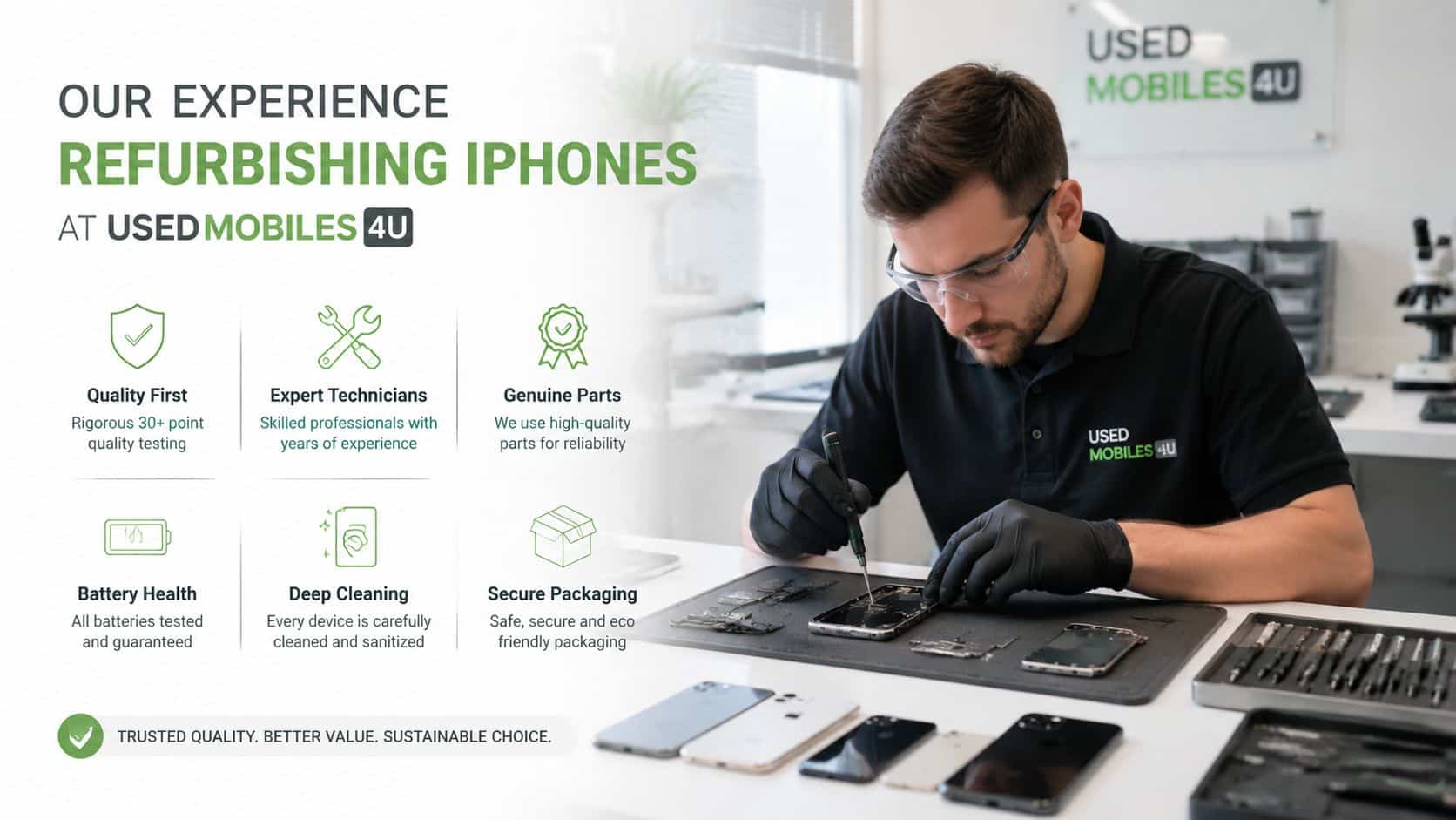How to Check Refurbished iPhone Quality: A Buyer's Guide 125 A technician wearing safety glasses and black gloves is carefully refurbishing an iPhone at Used Mobiles 4U.