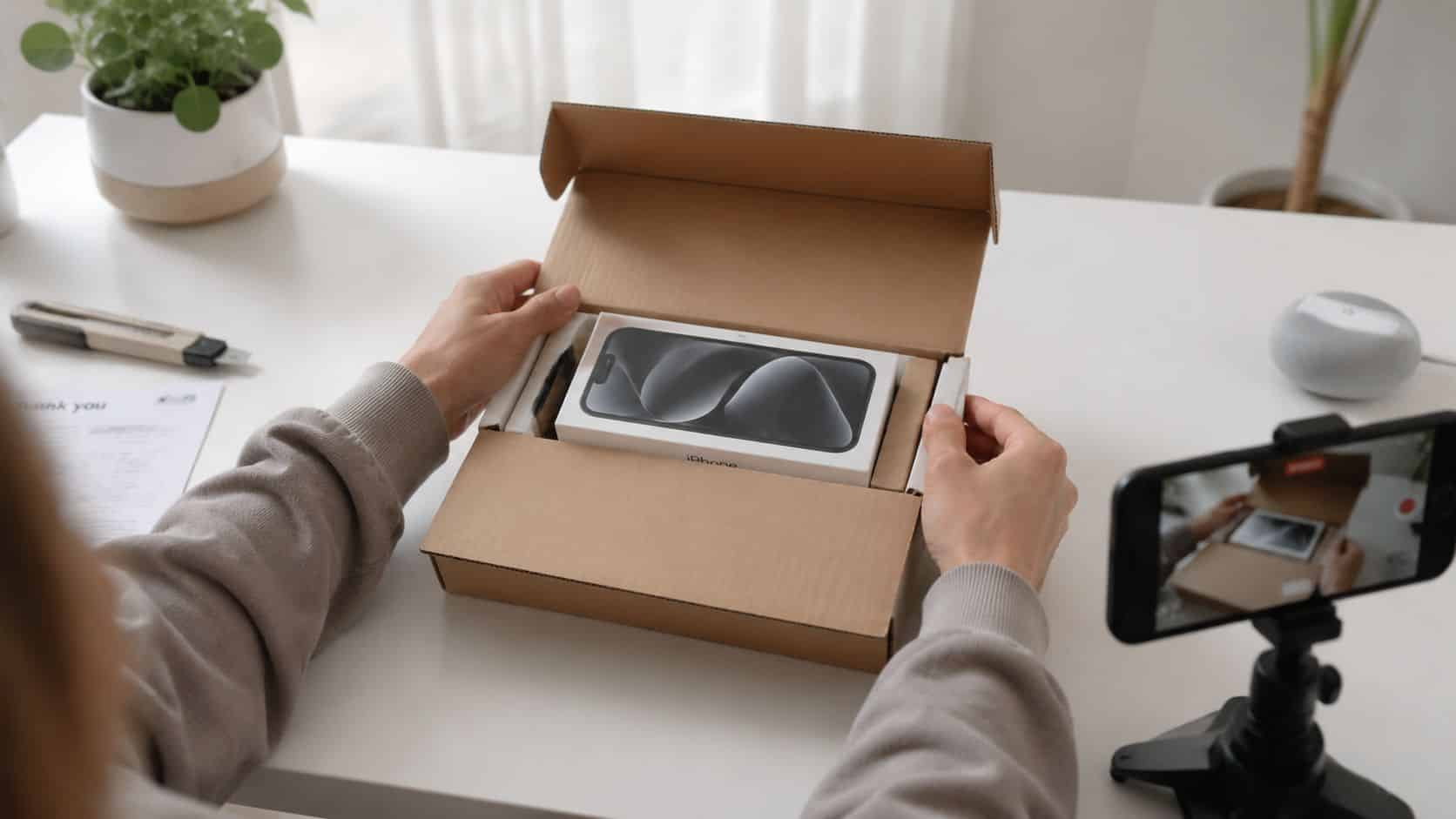How to Check Refurbished iPhone Quality: A Buyer's Guide 123 A person unboxing a brand new iPhone while recording the process with a smartphone on a tripod.