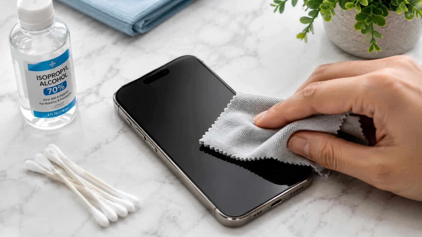 Expert Guide: How to Clean and Maintain iPhone in 2026 1 A hand cleaning an iPhone screen with a soft microfiber cloth and isopropyl alcohol on a marble surface.