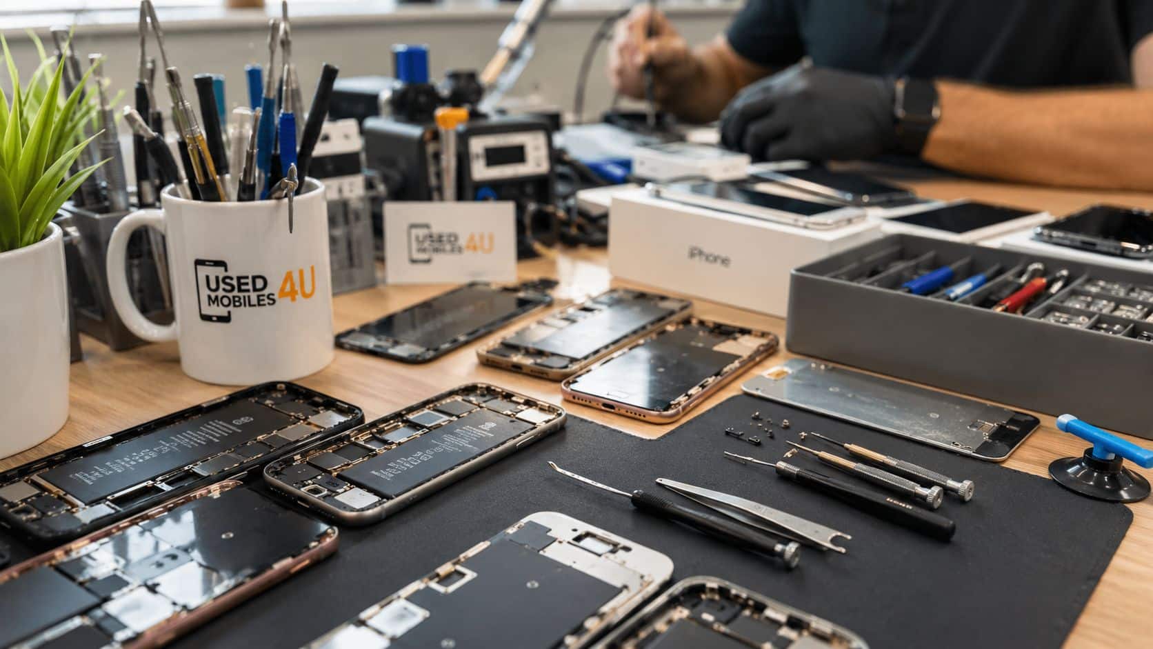 Expert Guide: How to Clean and Maintain iPhone in 2026 3 Technician repairing disassembled smartphones at a workshop desk filled with professional tools and spare parts.
