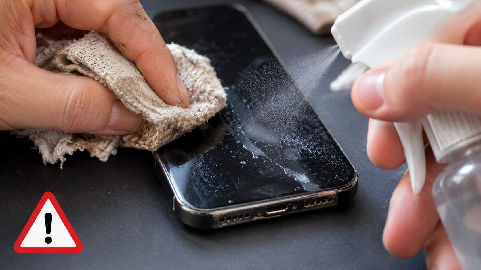 Expert Guide: How to Clean and Maintain iPhone in 2026 2 A person incorrectly cleaning a smartphone screen using a dirty cloth and a spray bottle.