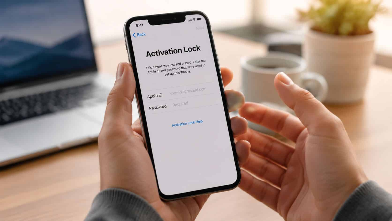 How to Reset a Refurbished iPhone: A Complete Guide 28 A person holding an iPhone displaying an activation lock screen requiring an Apple ID and password.