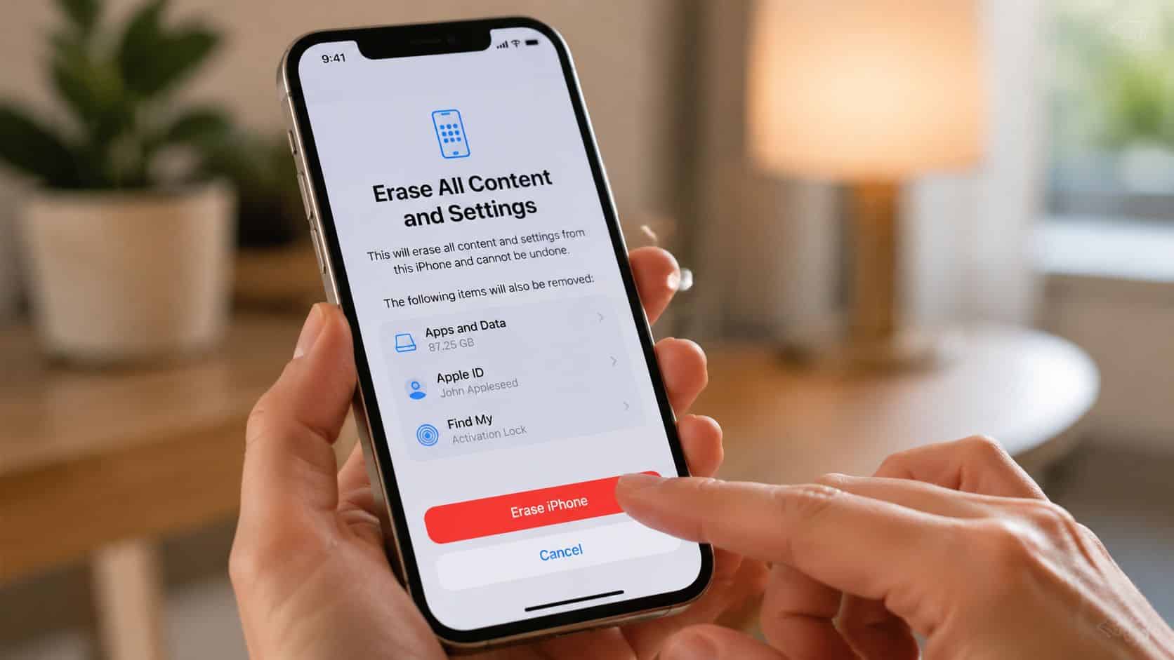 How to Reset a Refurbished iPhone: A Complete Guide 26 A person holding an iPhone showing the Erase All Content and Settings menu on the screen.