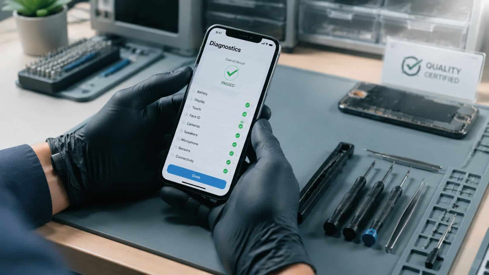 How to Reset a Refurbished iPhone: A Complete Guide 27 A technician wearing black gloves holds a smartphone displaying a successful diagnostics report in a repair shop.
