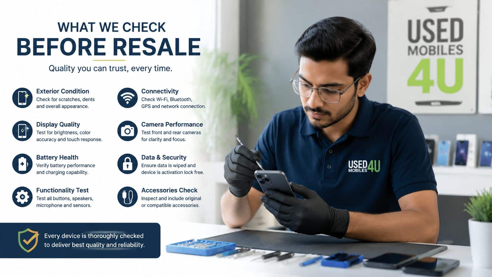 How to Spot Fake Refurbished Phones: A UK Guide 71 A technician wearing gloves checks the quality of a used mobile phone before resale in a workshop.