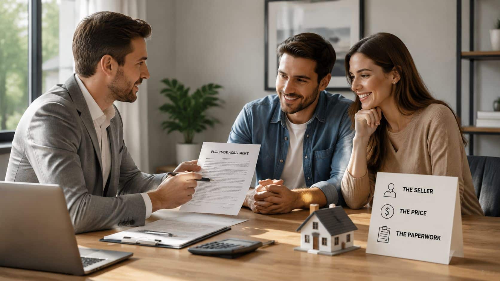 How to Spot Fake Refurbished Phones: A UK Guide 72 A professional real estate agent discusses a purchase agreement with a smiling couple at an office desk.