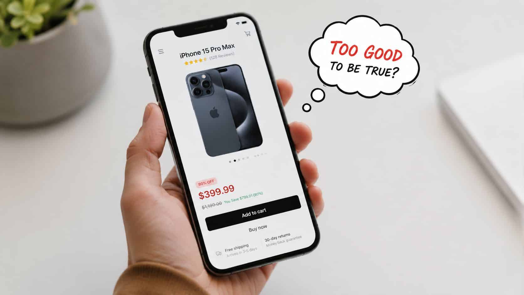 How to Spot Fake Refurbished Phones: A UK Guide 69 A hand holding a smartphone showing an unrealistically cheap iPhone 15 Pro Max online shopping advertisement.