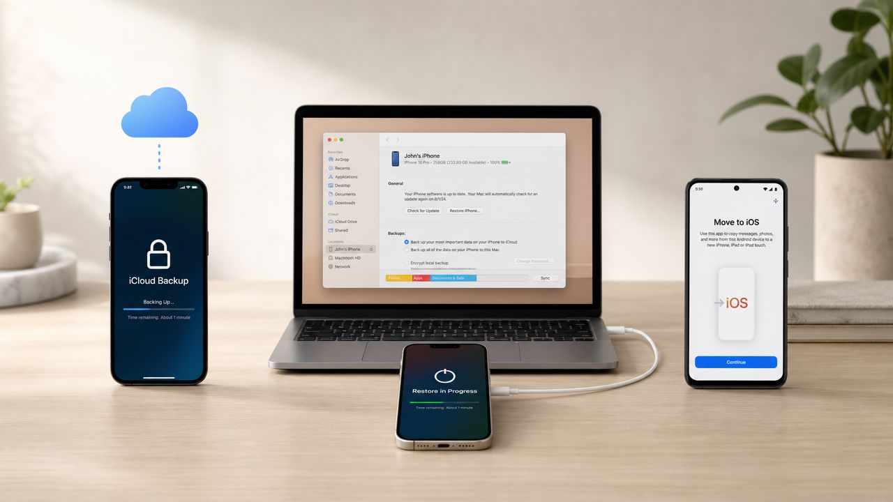 How to Transfer Data to a Refurbished iPhone: A 2026 Guide 10 Visual guide demonstrating data transfer processes to a new iPhone from iCloud, a Mac computer, and Android.
