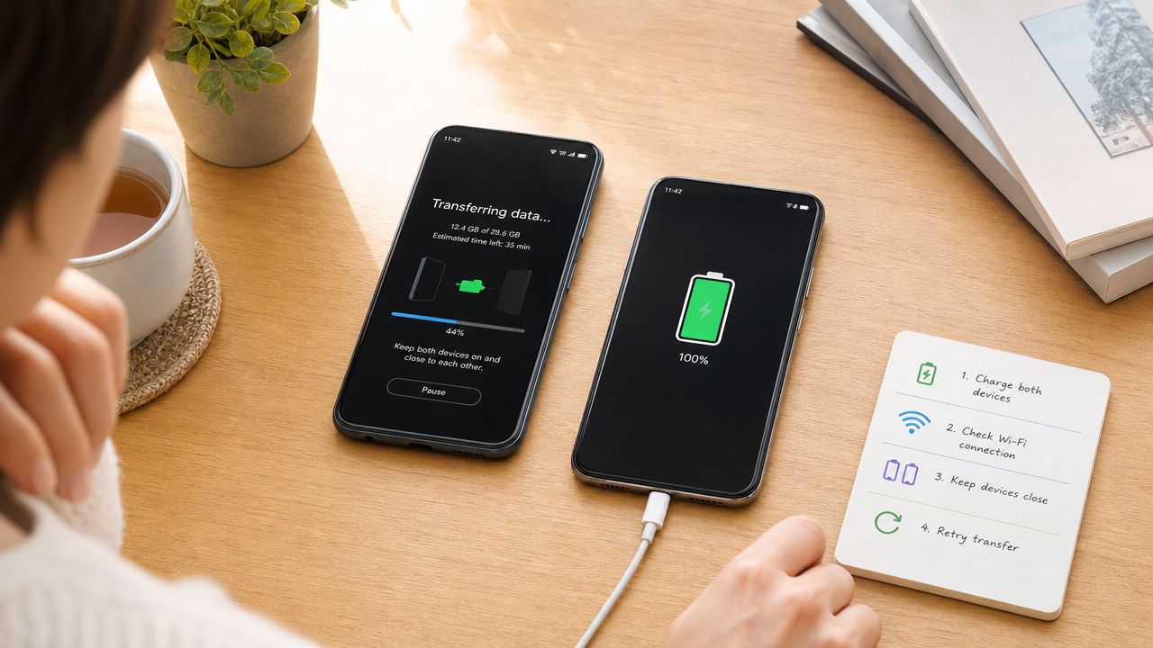 How to Transfer Data to a Refurbished iPhone: A 2026 Guide 12 Two smartphones side-by-side on a desk as one transfers data to the other while charging.