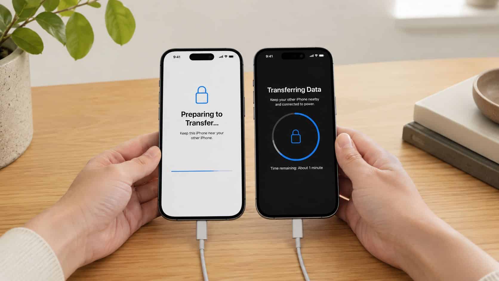How to Transfer Data to a Refurbished iPhone: A 2026 Guide 9 A person holding two iPhones side-by-side while performing a wireless data transfer between them on a desk.
