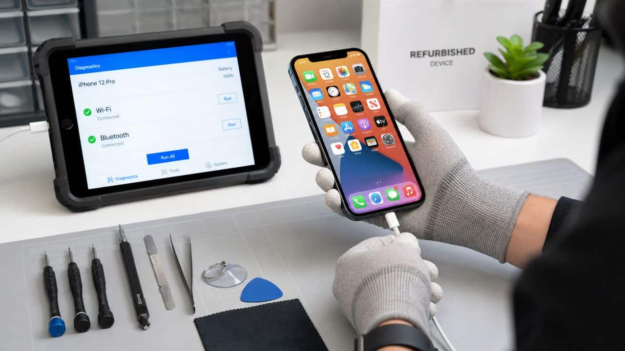How to Transfer Data to a Refurbished iPhone: A 2026 Guide 11 A technician wearing anti-static gloves testing a refurbished iPhone 12 Pro connected to a diagnostic tablet.