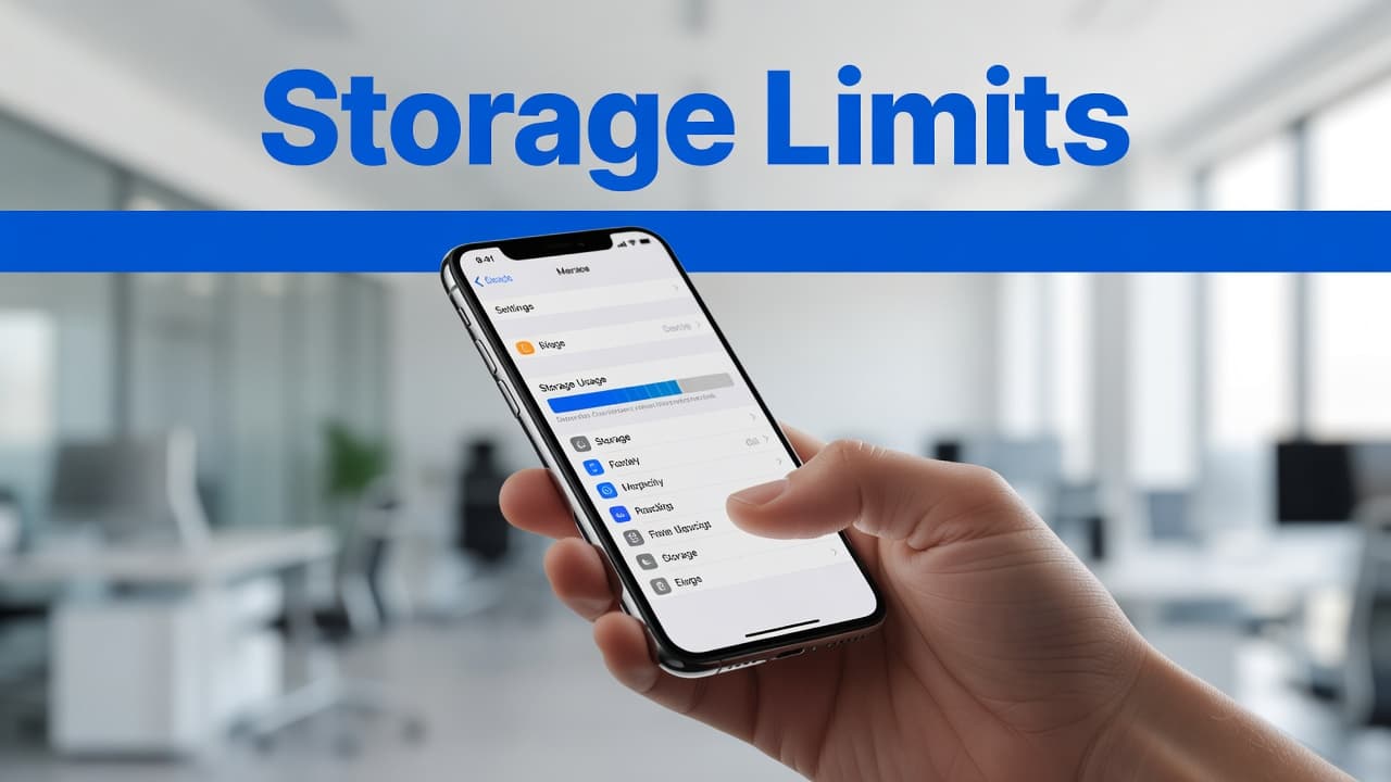 Is 64GB Enough on a Refurbished iPhone in 2026? 1 A close-up view features a modern smartphone held in a hand within a bright office. The screen displays a storage menu with a partially filled capacity bar and a blue header.