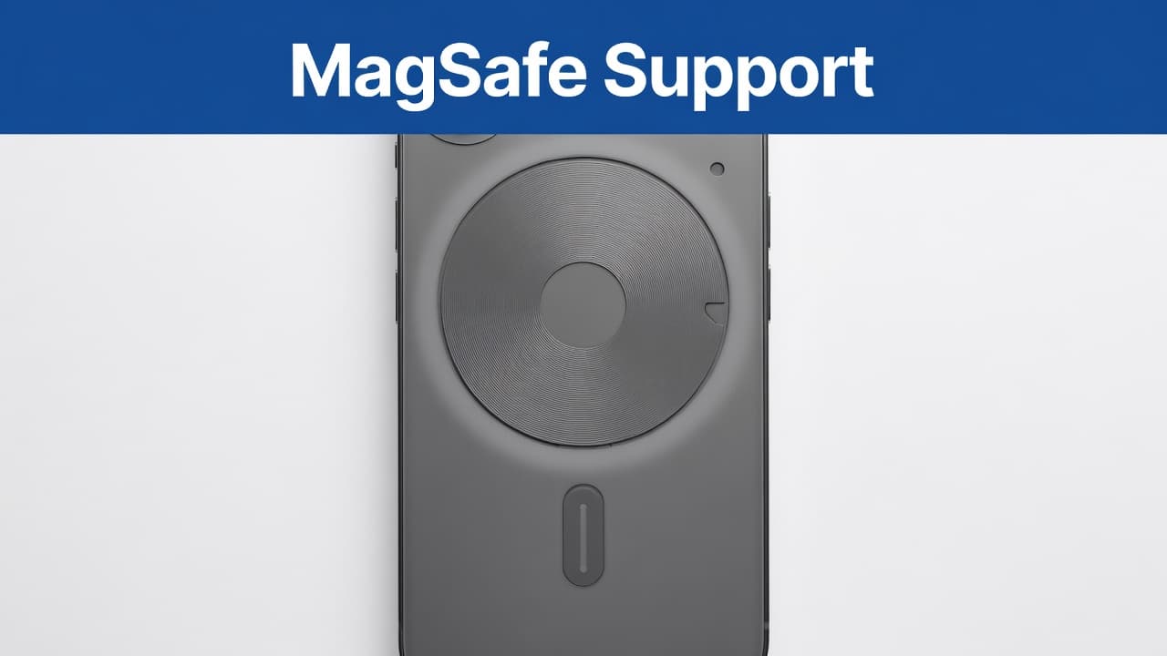 Refurbished iPhones with MagSafe: Which UK Models Support It 1 A close-up studio shot shows the back of a modern smartphone featuring a prominent circular MagSafe magnetic ring. The device is placed against a crisp white backdrop with bold blue branding.