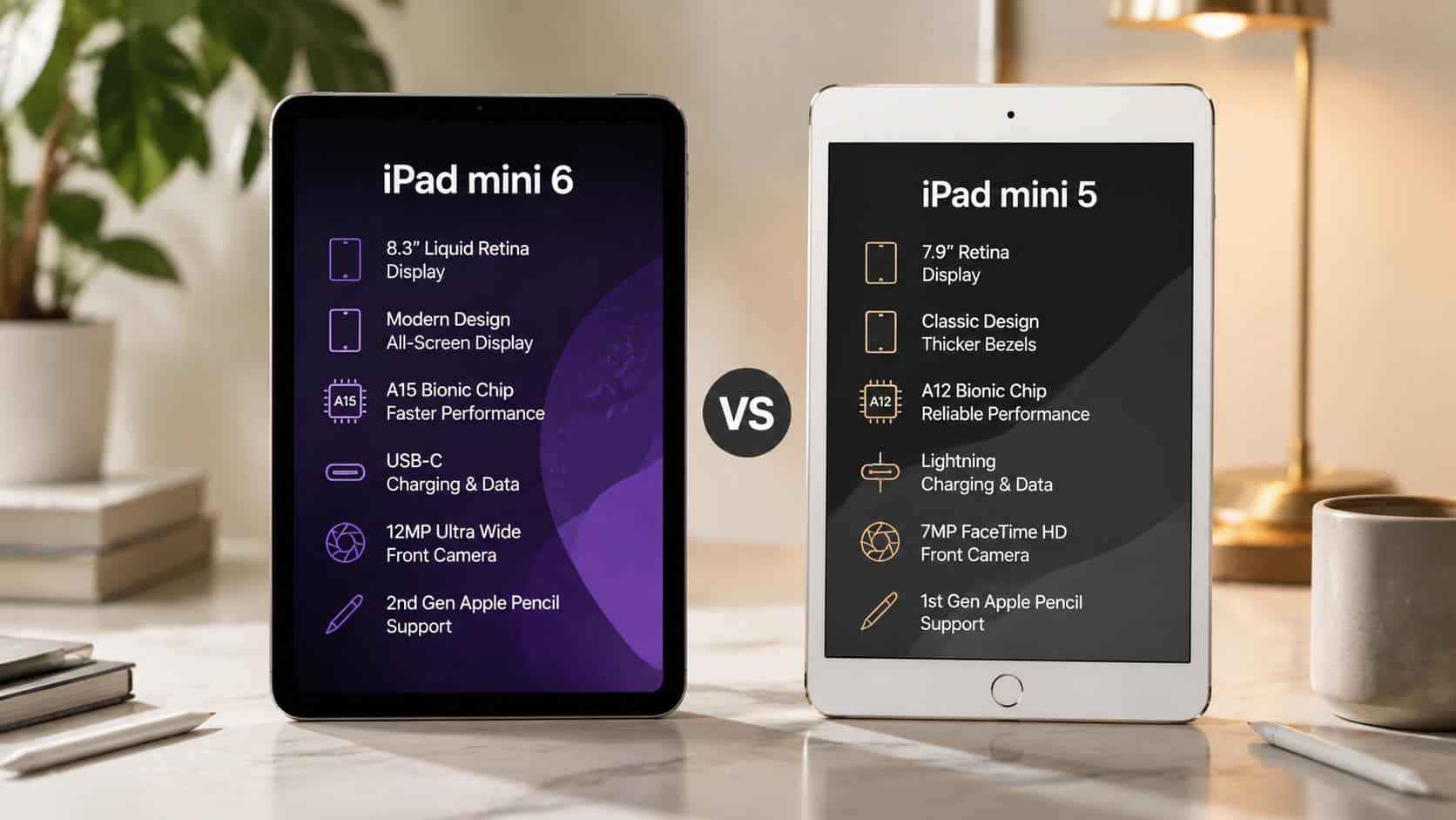 Mini iPad Deals: A UK Buyer's Guide for 2026 2 A comparison graphic showing the key technical specifications and features of the Apple iPad mini 6 and mini 5.