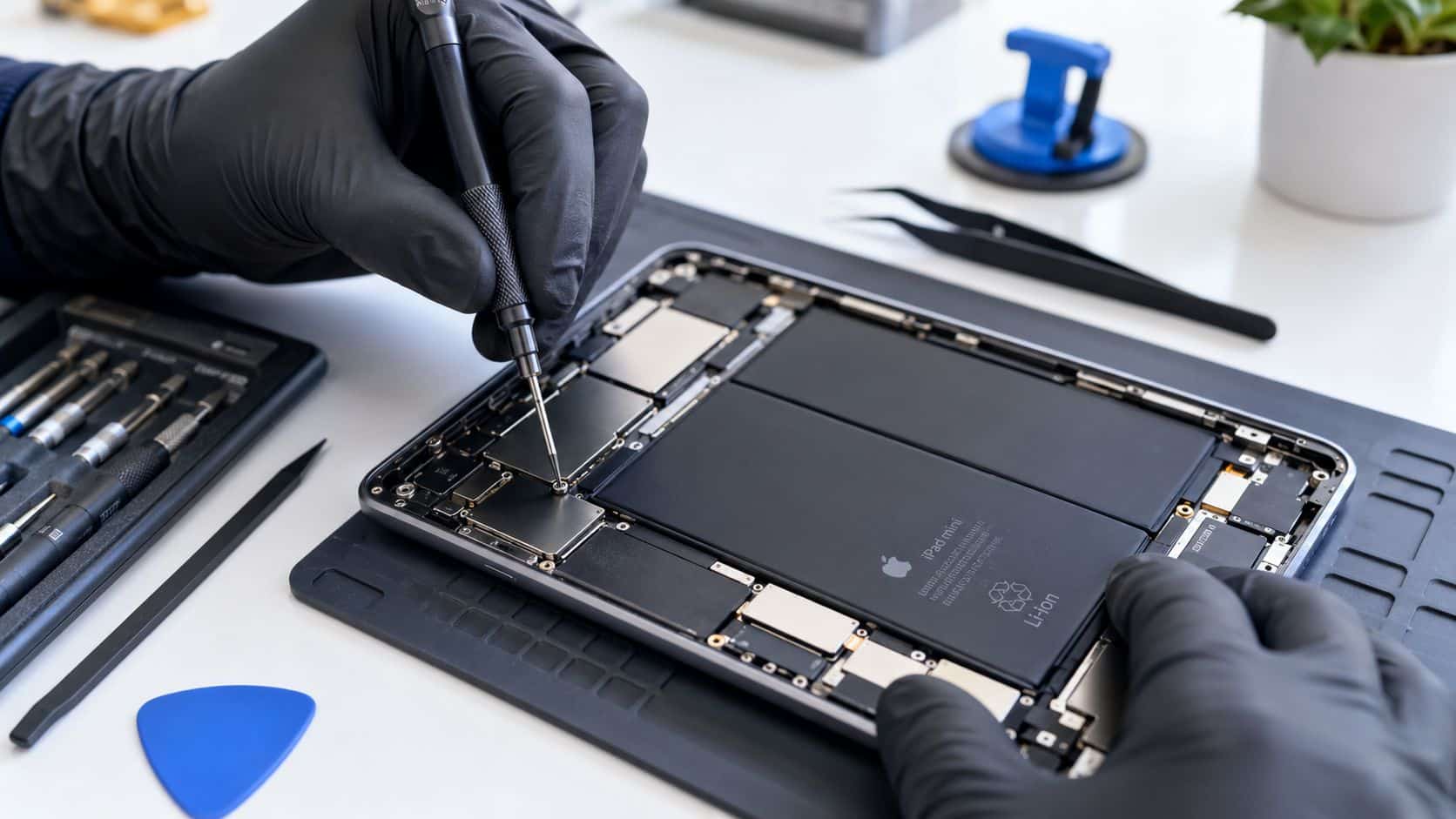 Mini iPad Deals: A UK Buyer's Guide for 2026 3 A technician wearing black gloves uses a precision screwdriver to repair an open iPad mini device.