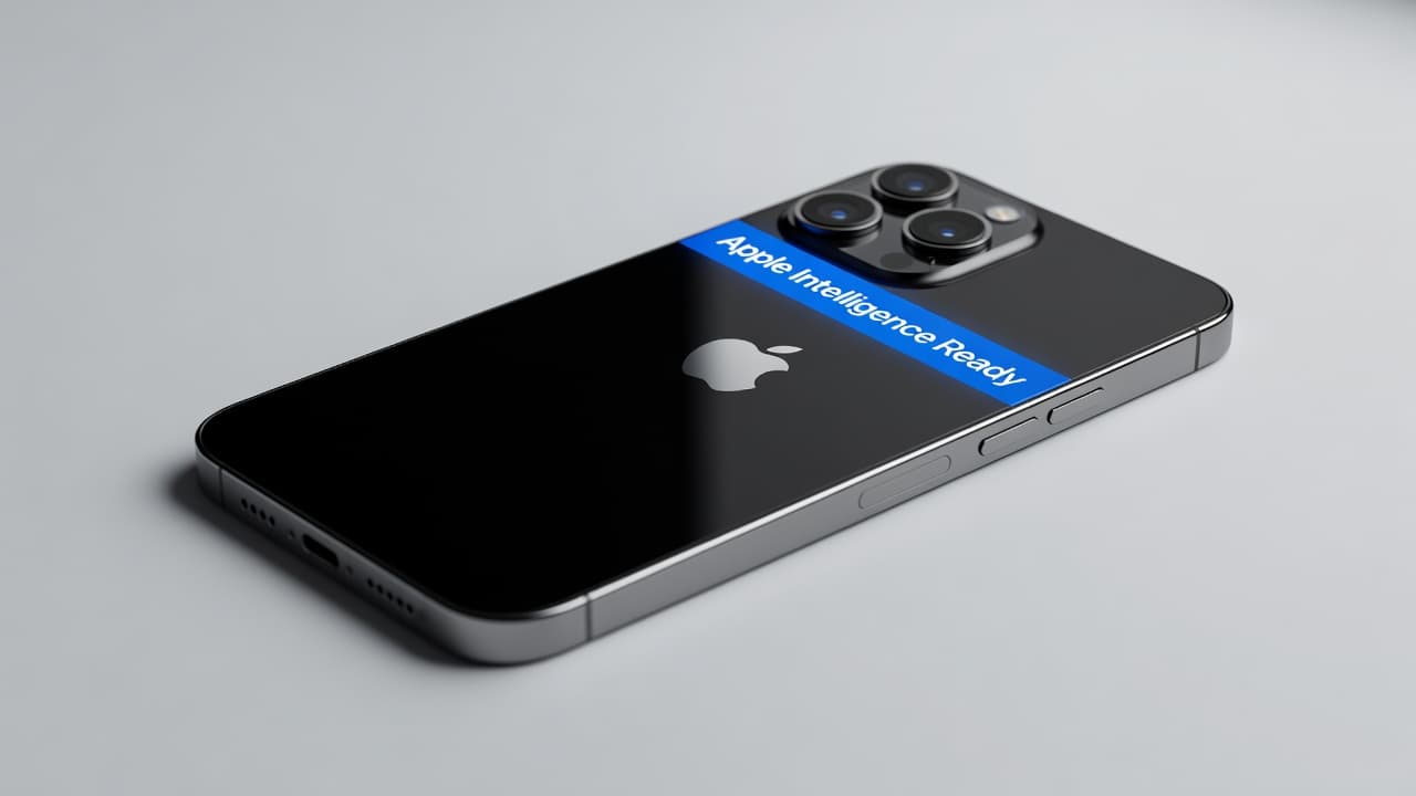 A sleek smartphone with a reflective glass back and metallic frame rests on a clean surface. A bold blue banner at the top highlights the device as being fully intelligence ready.