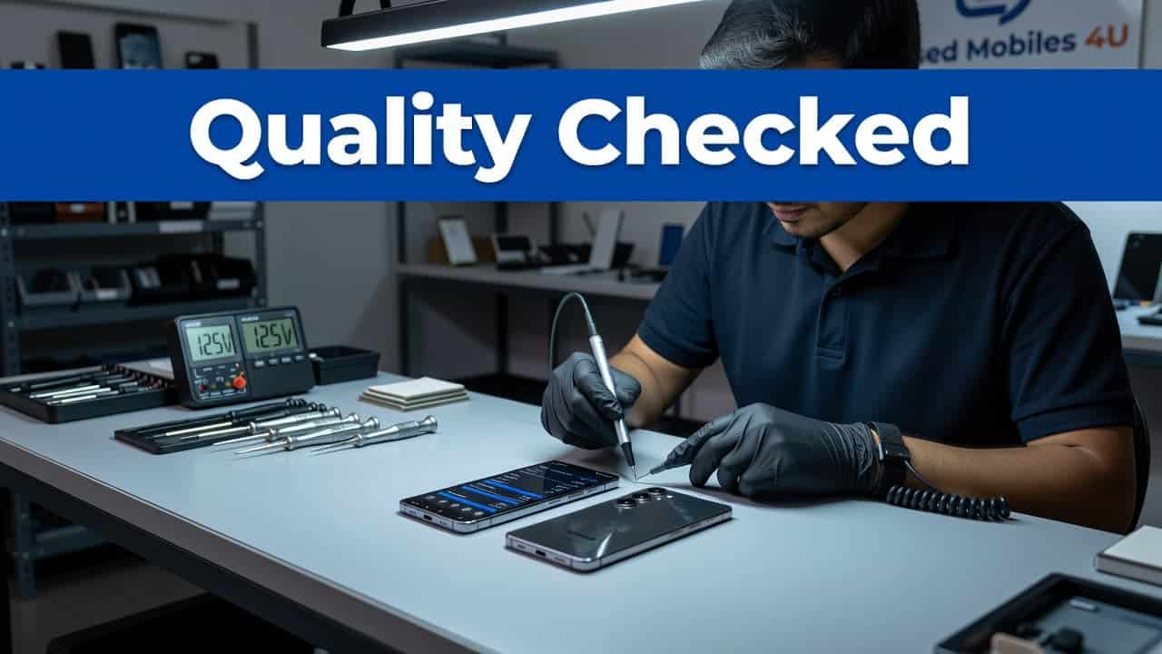 Refurbished Samsung Galaxy S23 Buyer's Guide for the UK in 2026 1 A technician carefully examines a clean Samsung Galaxy S23 on a bright workshop table. A bold blue header with the text Quality Checked sits above the device in this professional setting.