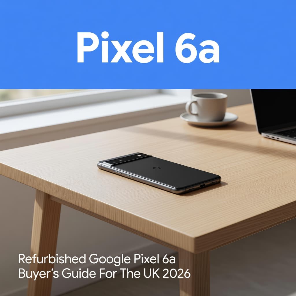 Refurbished Google Pixel 6a Buyer's Guide for the UK in 2026 1 A clean refurbished Google Pixel 6a smartphone rests on a minimalist wooden desk surface. A bold blue header with white text identifies the device under bright, natural daylight in this editorial shot.
