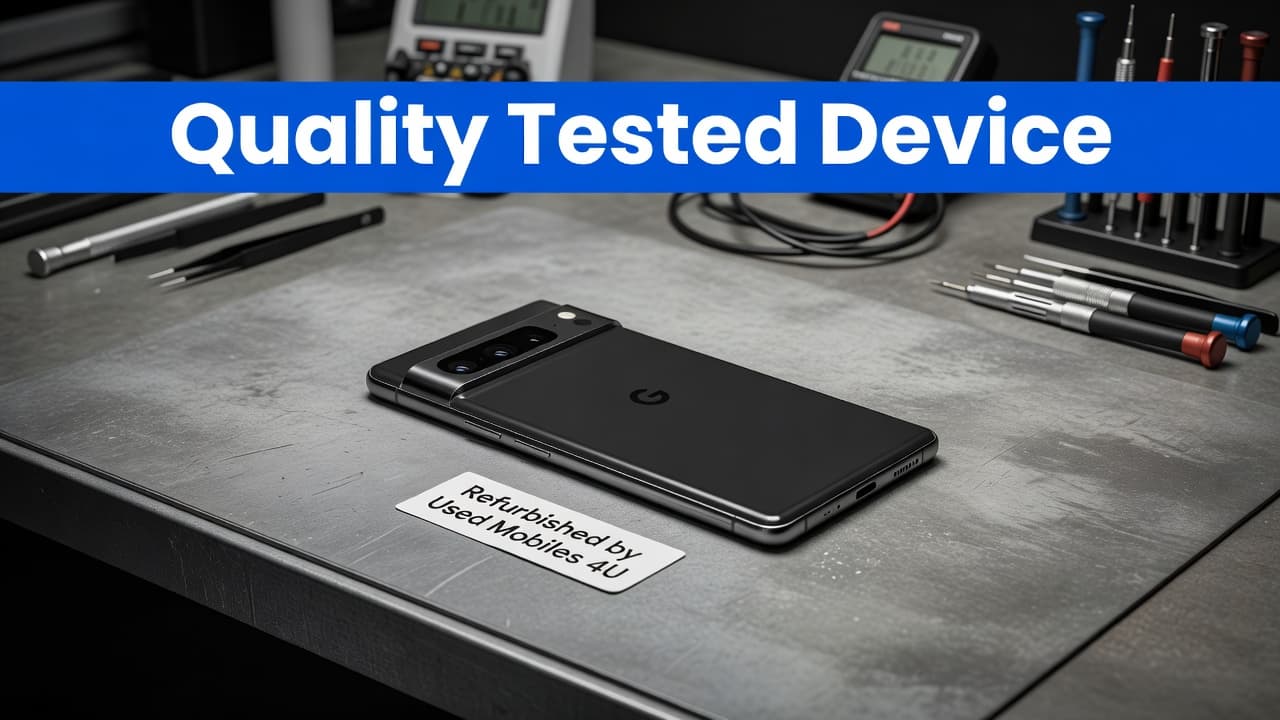 Refurbished Google Pixel 7 Pro Buyer's Guide for 2026 1 A sleek Google Pixel 7 Pro smartphone rests on a professional workshop workbench under bright studio lights. A blue header bar above displays the quality tested status for our refurbished inventory.