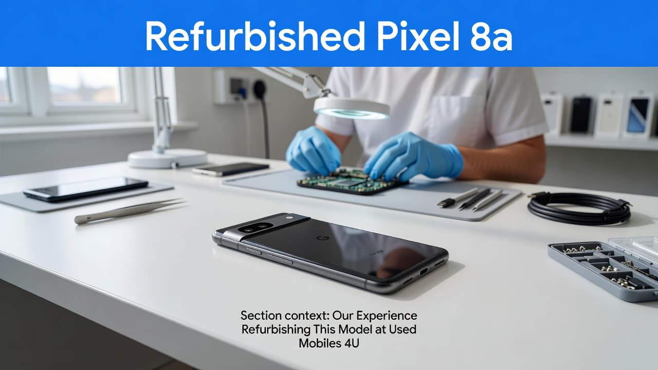 Refurbished Google Pixel 8a Buyer's Guide for the UK in 2026 1 A pristine Google Pixel 8a rests on a crisp white workbench within a professional repair facility. A blue headline strip above the device clearly labels it as a refurbished unit.