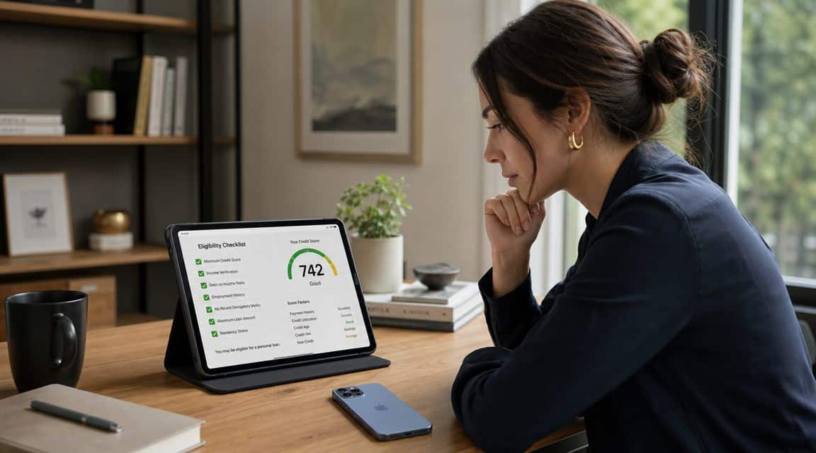 Refurbished iPhone 0% Finance UK: Your 2026 Guide 2 A woman reviewing her credit score and loan eligibility on a tablet screen while working at home.