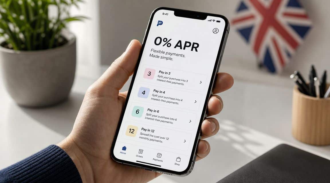 Refurbished iPhone 0% Finance UK: Your 2026 Guide 1 A hand holding a smartphone displaying a mobile finance application offering zero percent interest payment plans.
