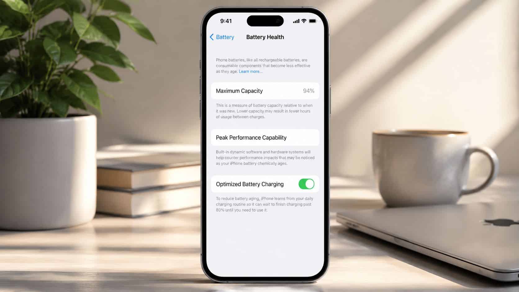 Refurbished iPhone Battery Health UK: Your 2026 Guide 2 A smartphone screen displaying the battery health settings page showing 94 percent maximum capacity for a refurbished iPhone.