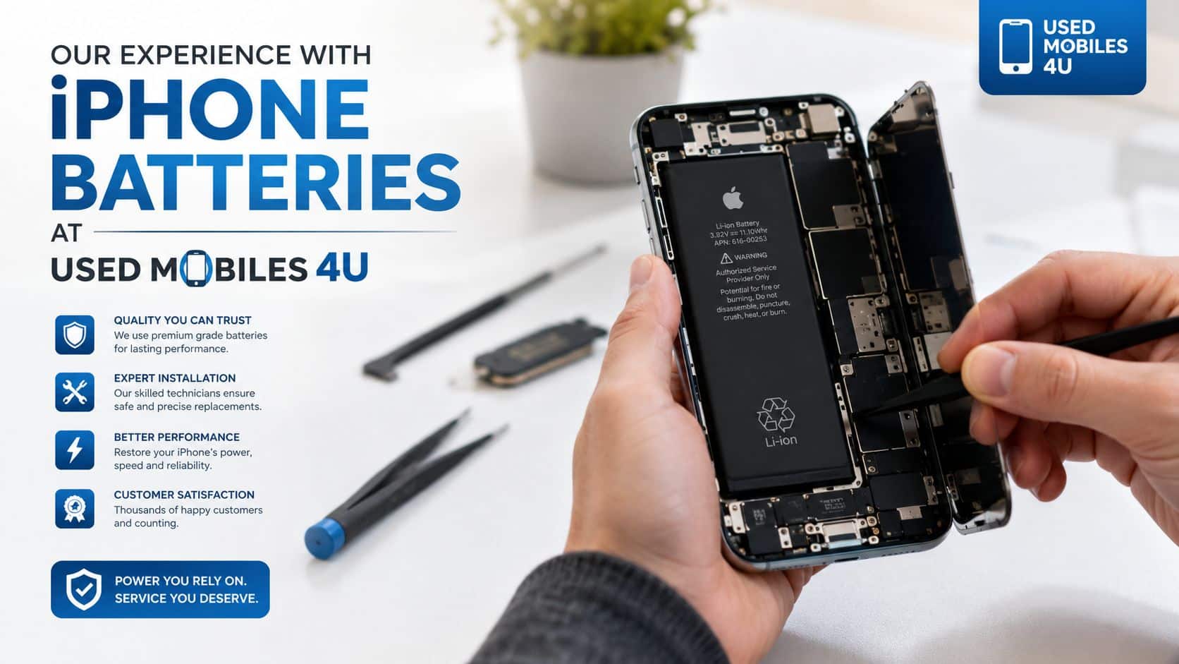 Refurbished iPhone Battery Health UK: Your 2026 Guide 4 A technician carefully repairs an open iPhone, highlighting professional battery replacement services at Used Mobiles 4U.