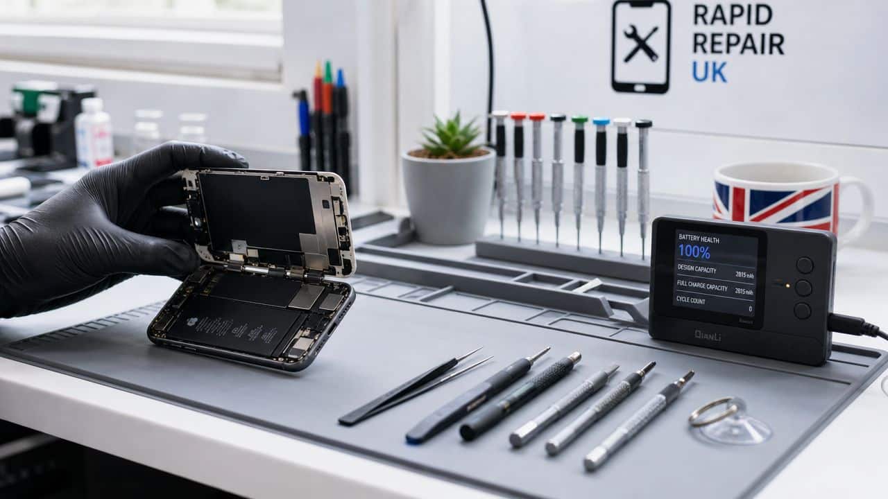 Refurbished iPhone Battery Health UK: Your 2026 Guide 3 A technician wearing black gloves repairs an iPhone, testing the battery health using a diagnostic device.