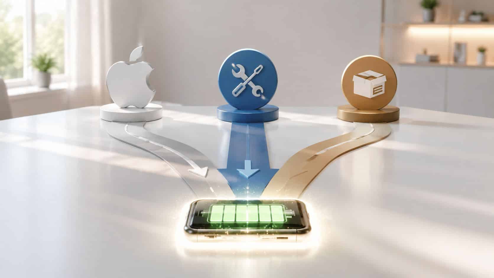 Your Refurbished iPhone Battery Replacement UK Guide 2026 2 A 3D graphic showing an iPhone battery connected to Apple, repair, and packaging icons on a desk.