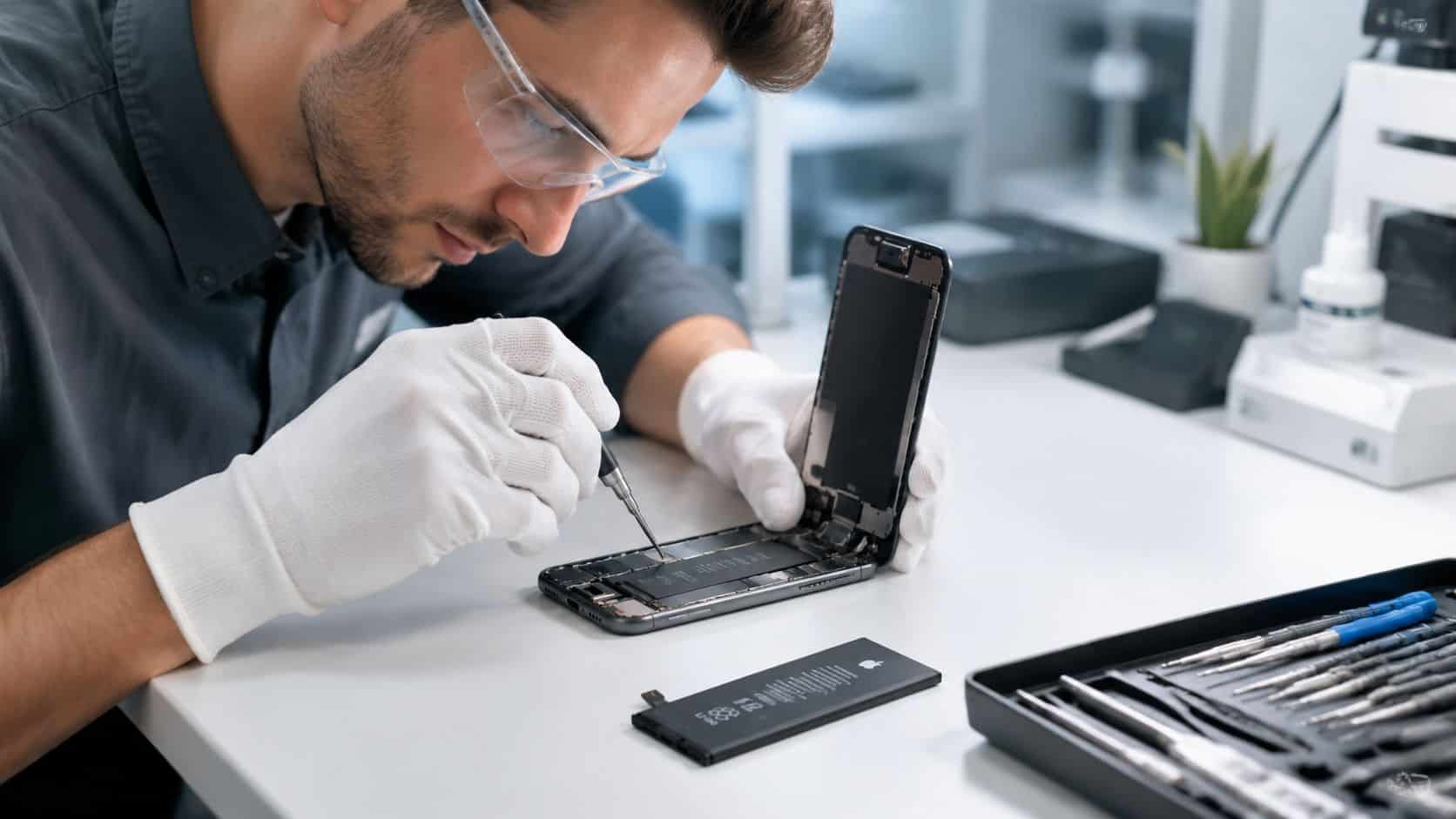 Your Refurbished iPhone Battery Replacement UK Guide 2026 3 A technician wearing white gloves uses a screwdriver to replace the battery in an open iPhone.